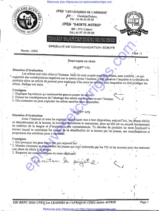 Première page de BEPC 2026 – Examen blanc Communication écrite – Sujet et corrigé (protection des arbres, lecture et TIC) – CPEG Les Leaders de l’Afrique & Sainte Astrid