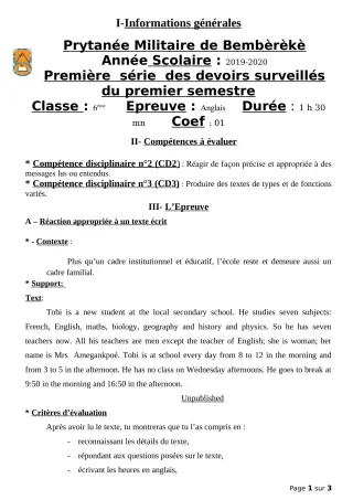 Première page de Anglais 6e — 1er devoir surveillé, 1er semestre (2019-2020) · PMB