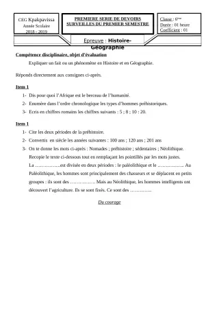 Première page de Histoire-Géographie 6e, 5e, 4e ML&MC, 3e, 3e ML — 1er devoir surveillé, 1er semestre (2018-2019) · CEG Kpakpavissa