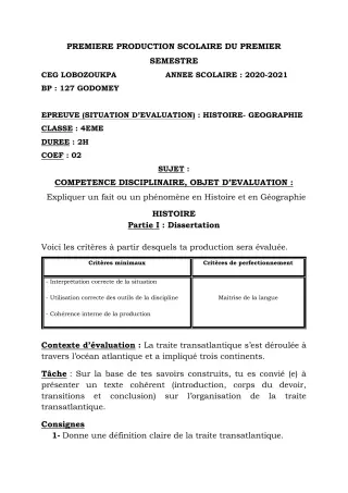 Première page de Histoire-Géographie 4e — 1re production scolaire, 1er semestre (2020-2021) · CEG Lobozounkpa