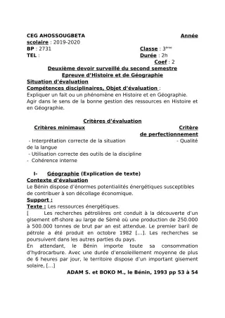 Première page de Histoire-Géographie 3e, 3e ML — 2e devoir surveillé, 2e semestre (2019-2020) · CEG Ahossougbéta
