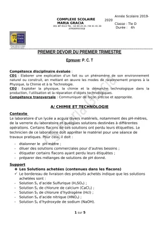 Première page de PCT Tle D — 1er devoir surveillé, 1er trimestre (2019-2020) · CPEG MARIA GRACIA