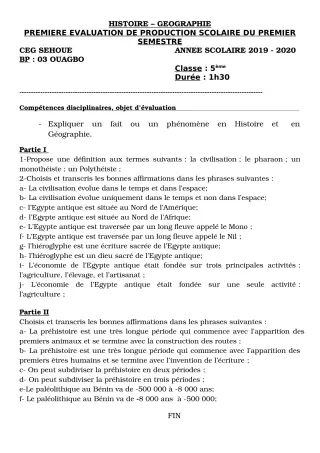 Première page de Histoire-Géographie 5e, 4e, 4e ML, 3e — 1re production scolaire, 1er semestre (2019-2020) · CEG SEHOUE