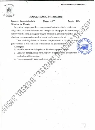 Première page de Français 4e — 1re composition, 1er trimestre (2020-2021) · CPEG ROSAIRE