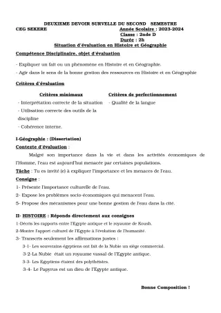 Première page de Histoire-Géographie 2nde D — Composition, 2e semestre (2023-2024) · CEG SEKERE
