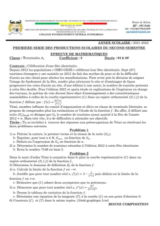 Première page de Mathématiques Tle A2 — 1re production scolaire, 2e semestre (2021-2022) · CEG ONIGBOLO