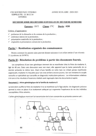 Première page de SVT Tle C — 2e devoir surveillé, 2e semestre (2020-2021) · CEG Kouhounou-Vêdoko