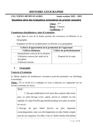 Première page de Histoire-Géographie 3e — 2e évaluation sommative, 1er semestre (2022-2023) · CEG - TOFFO