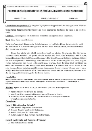 Première page de Allemand 4e ML, 3e ML, 2nde A & B, 1ère A2, 1ère B — 1er devoir surveillé, 2e semestre (2019-2020) · CEG Tankpè