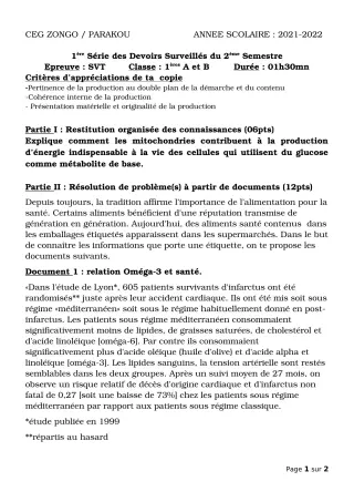Première page de SVT 1ère A1, 1ère A2, 1ère B — 1er devoir surveillé, 2e semestre (2021-2022) · CEG ZONGO