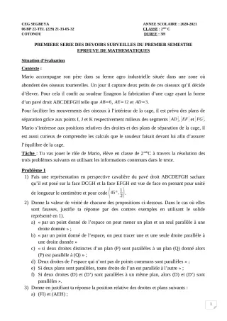 Première page de Mathématiques 2nde C — 1er devoir surveillé, 1er semestre (2020-2021) · CEG SEGBEYA