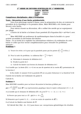 Première page de Mathématiques 6e, 5e, 4e, 4e ML, 3e, 3e ML, 2nde A & B, 2nde D, 1ère A, 1ère D, Tle A, Tle B, Tle D — 1er devoir surveillé, 1er semestre (2018-2019) · CEG1 Abomey