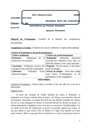 Première page de Philosophie 2nde A & B — 2e évaluation sommative, 1er semestre (2023-2024) · CEG2 ABOMEY - CALAVI (CEG ZOCA)