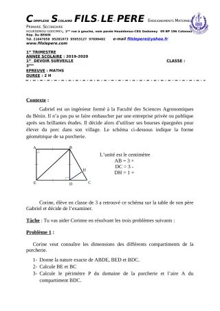 Première page de Mathématiques 3e, 3e ML — 1er devoir surveillé, 1er trimestre (2019-2020) · CPEG Fils-Le-Père