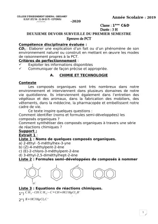 Première page de PCT 1ère C, 1ère D — 2e devoir surveillé, 1er semestre (2019-2020) · CEG GBEGAMEY