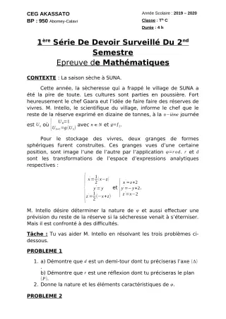 Première page de Mathématiques Tle C — 1er devoir surveillé, 2e semestre (2019-2020) · CEG Akassato