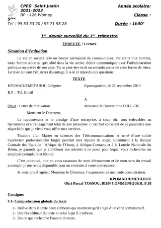 Première page de Français 5e — 1er devoir surveillé, 1er trimestre (2021-2022) · CPEG SAINT Justin