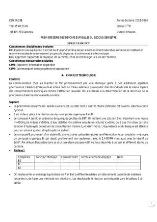 Première page de PCT 1ère D — 1er devoir surveillé, 2e semestre (2023-2024) · CEG Yagbe