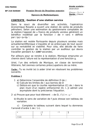 Première page de Mathématiques Tle A1, Tle A2, Tle B — 1er devoir surveillé, 2e semestre (2018-2019) · CEG PAHOU