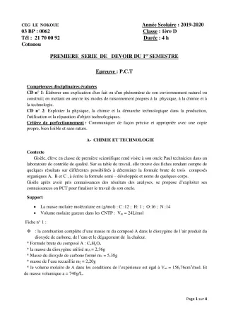 Première page de PCT 1ère D — 1er devoir surveillé, 1er semestre (2019-2020) · CEG LE NOKOUE