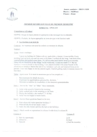 Première page de Anglais 5e — 1er devoir surveillé, 1er trimestre (2019-2020) · CPEG ROSAIRE