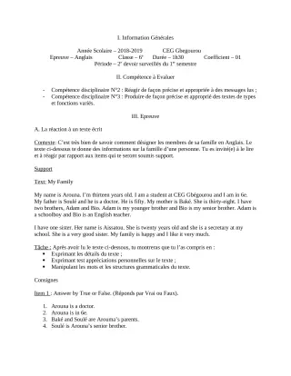 Première page de Anglais 6e — 2e devoir surveillé, 1er semestre (2018-2019) · CEG Gbegourou