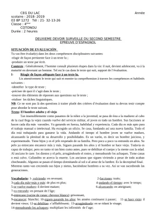 Première page de Espagnol 4e ML — 2e devoir surveillé, 2e semestre (2018-2019) · CEG du Lac