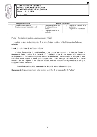 Première page de SVT 2nde A1, 2nde A2, 2nde B — 1er devoir surveillé, 1er semestre (2019-2020) · CEG 1 Akpakpa-Centre