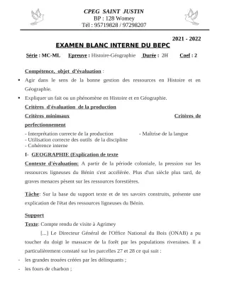 Première page de Examen Blanc de HIST-GEO — 3e — CPEG SAINT Justin (2021)