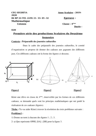Première page de Mathématiques 4e — 1re production scolaire, 2e semestre (2019-2020) · CEG SEGBEYA
