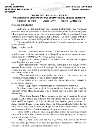 Première page de Français 3e, 3e ML — 1re évaluation sommative, 2e semestre (2019-2020) · CEG Dantokpa