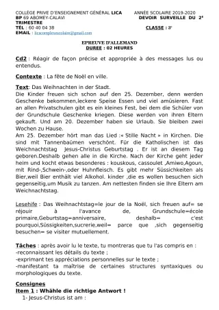 Première page de Allemand 3e ML — Devoir surveillé, 1er trimestre (2019-2020) · CPEG LICA