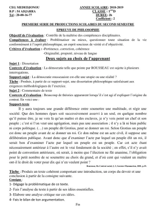 Première page de Philosophie 2nde D, 1ère D — 1re production scolaire, 2e semestre (2018-2019) · CEG Mèdédjonou