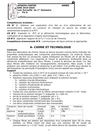 Première page de PCT Tle D — 2e devoir surveillé, 1er semestre (2019-2020) · CEG 1 Akpakpa-Centre
