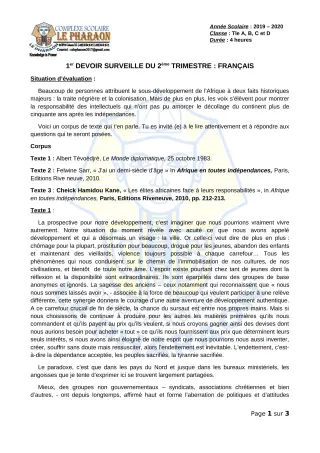 Première page de Français Tle A, Tle B, Tle C, Tle D — 1er devoir surveillé, 2e trimestre (2019-2020) · CPEG LE PHARAON