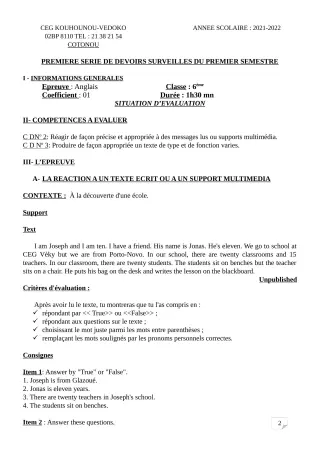Première page de Anglais 6e — 1er devoir surveillé, 1er semestre (2021-2022) · CEG Kouhounou-Vêdoko
