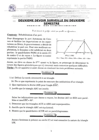 Première page de Mathématiques 5e — 2e devoir surveillé, 2e semestre (2019-2020) · CEG ADJOVICODJI 'LES OLIVIERS'