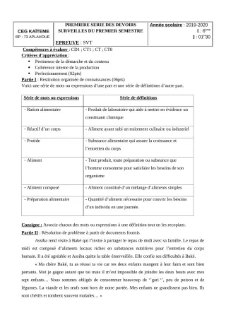 Première page de SVT 6e — 1er devoir surveillé, 1er semestre (2019-2020) · CEG Kaïtèmè