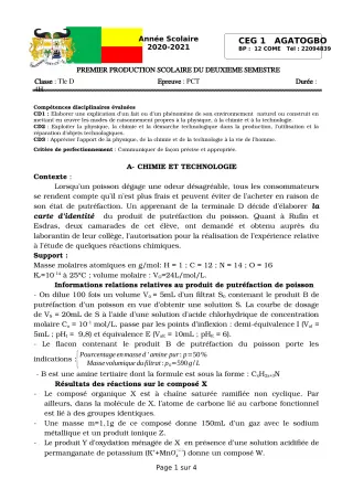 Première page de PCT Tle D — 1re production scolaire, 2e semestre (2020-2021) · CEG 1 Agatogbo