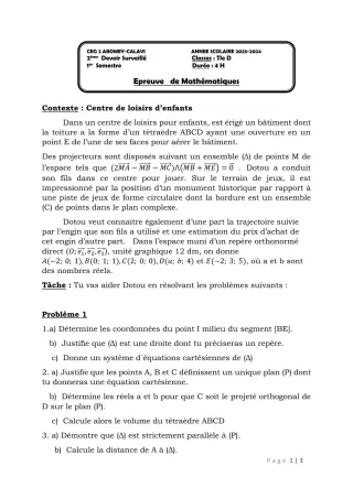 Première page de Mathématiques Tle D — 2e devoir surveillé, 1er semestre (2023-2024) · CEG2 ABOMEY - CALAVI (CEG ZOCA)