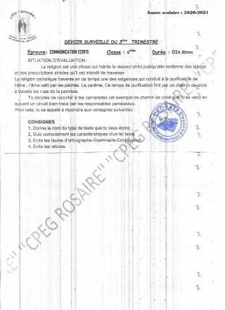Première page de Français 6e — 2e devoir surveillé (2020-2021) · CPEG ROSAIRE