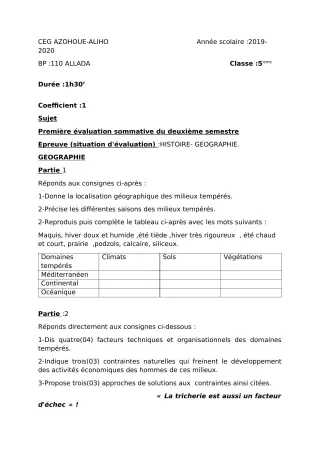 Première page de Histoire-Géographie 5e — 1re évaluation sommative, 2e semestre (2019-2020) · CEG AZOHOUE-ALIHO