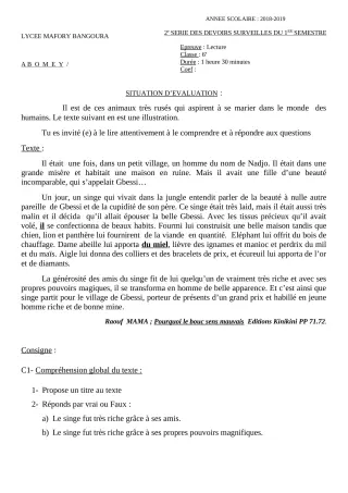 Première page de Français 6e — 2e devoir surveillé, 1er semestre (2018-2019) · Lycée Houegbadja d'Abomey (Ex Mafory Bangoura)