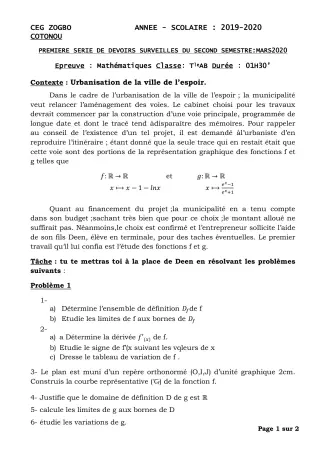Première page de Mathématiques Tle A1, Tle A2, Tle B — 1er devoir surveillé, 2e semestre (2019-2020) · CEG ZOGBO