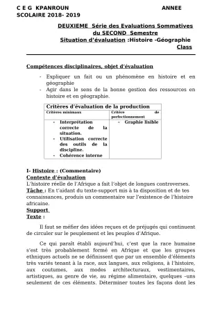 Première page de Histoire-Géographie 1ère A — 2e évaluation sommative, 2e semestre (2018-2019) · CEG Kpanroun