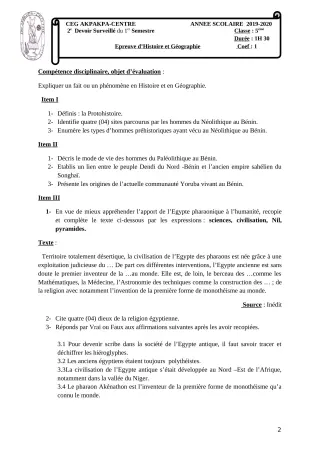 Première page de Histoire-Géographie 5e — 2e devoir surveillé, 1er semestre (2019-2020) · CEG 1 Akpakpa-Centre