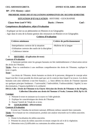 Première page de Histoire-Géographie 4e, 4e ML — 1re évaluation sommative, 2e semestre (2019-2020) · CEG Ahossougbéta