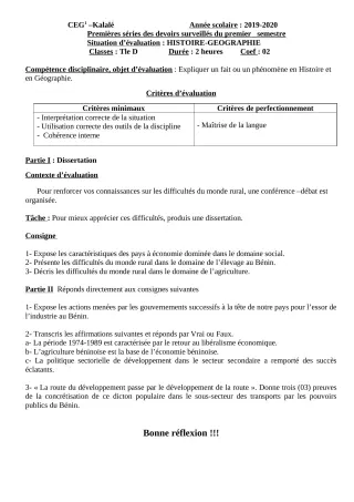 Première page de Histoire-Géographie Tle D — Devoir surveillé, 1er semestre (2019-2020) · CEG1 Kalalé