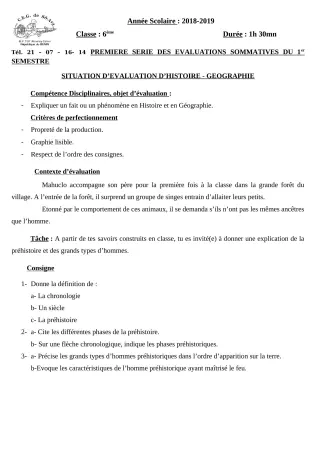 Première page de Histoire-Géographie 6e, 5e, 4e, 4e ML, 3e, 3e ML, 2nde A1, 2nde A2, 2nde C, 2nde D, 1ère A1, 1ère A2, 1ère B, 1ère C, 1ère D, Tle A1, Tle A2, Tle B, Tle C, Tle D — 1re évaluation sommative, 1er semest