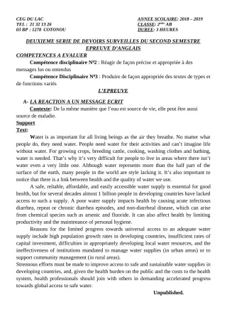Première page de Anglais 2nde A, 2nde B — 2e devoir surveillé, 2e semestre (2018-2019) · CEG du Lac